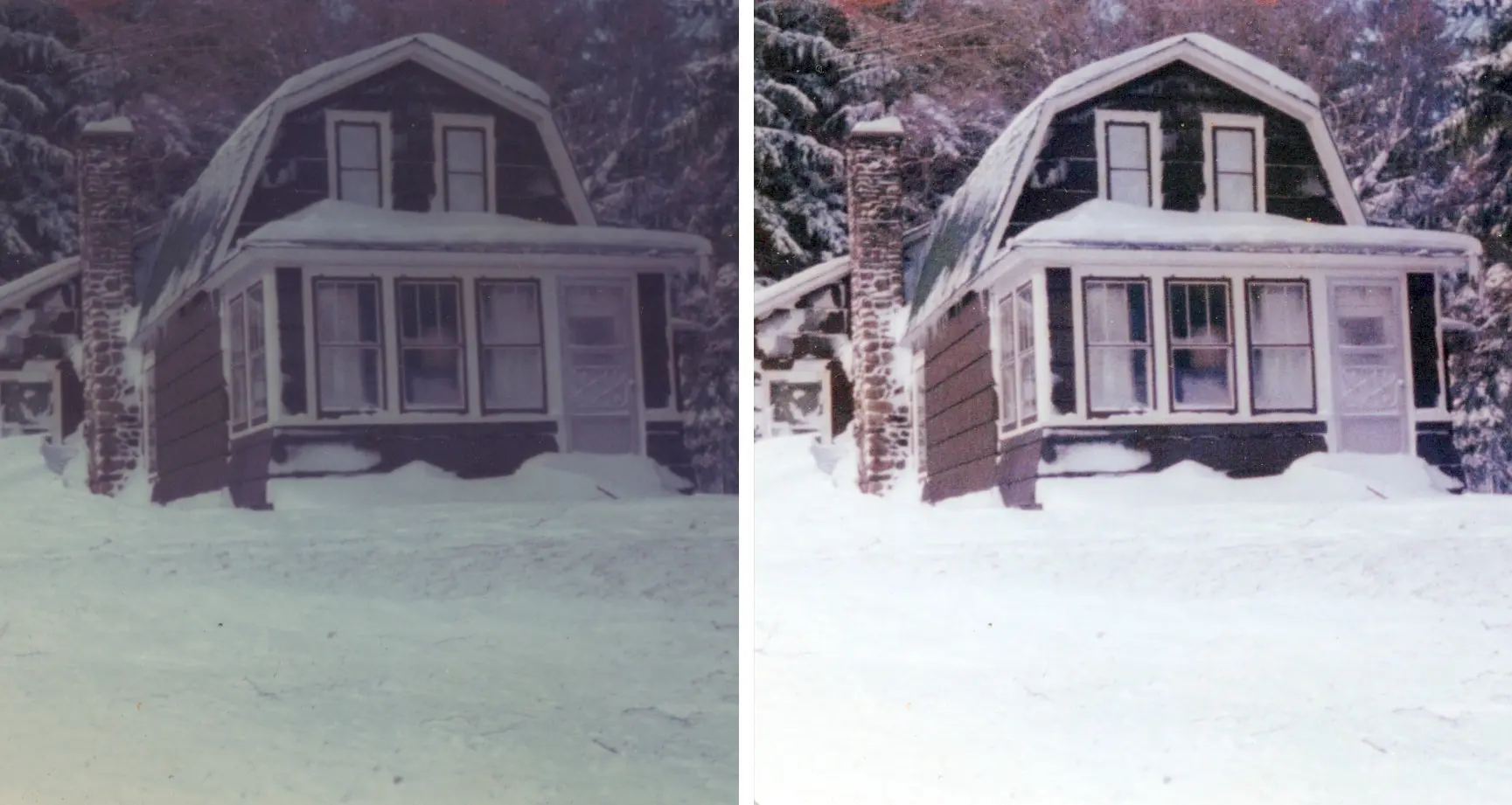 Side-by-side scan of a house in snow: original on the left, enhanced copy on the right